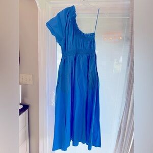 J Crew smocked one shoulder midi dress